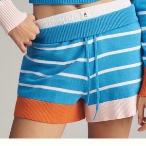 Aqua Blue & White Stripe Knit Athletic Shorts with Orange Trim